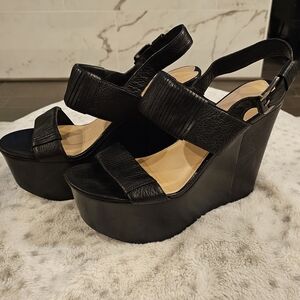 Via Spiga Elegant Black Leather Wedge Sandals 9.5M NEVER WORN